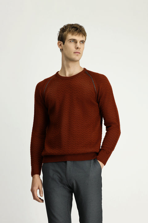 Tile-colored Crew Neck Regular Fit Patterned Knit Sweater