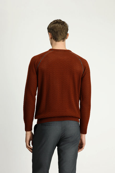 Tile-colored Crew Neck Regular Fit Patterned Knit Sweater