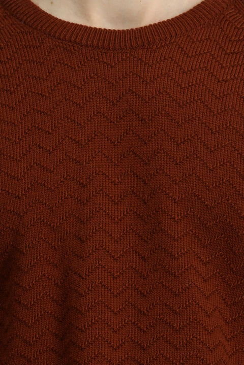 Tile-colored Crew Neck Regular Fit Patterned Knit Sweater