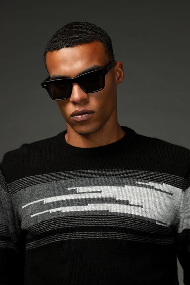 Siyah Bisiklet Yaka Regular Fit Çizgili Triko Kazak