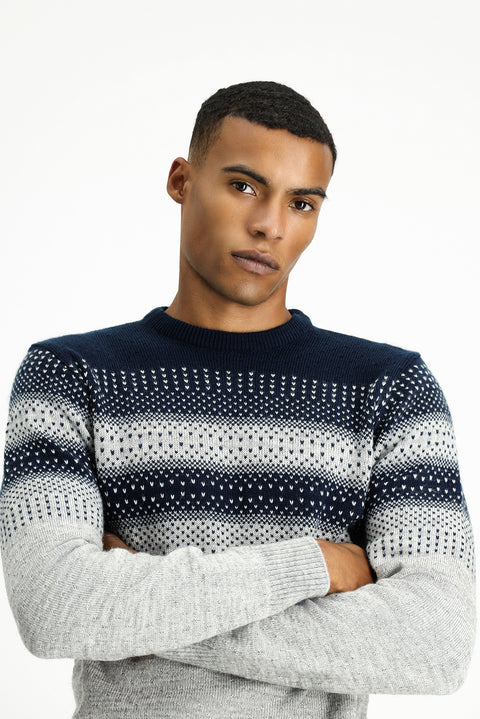Light Grey Melange Crew Neck Regular Fit Patterned Knit Sweater