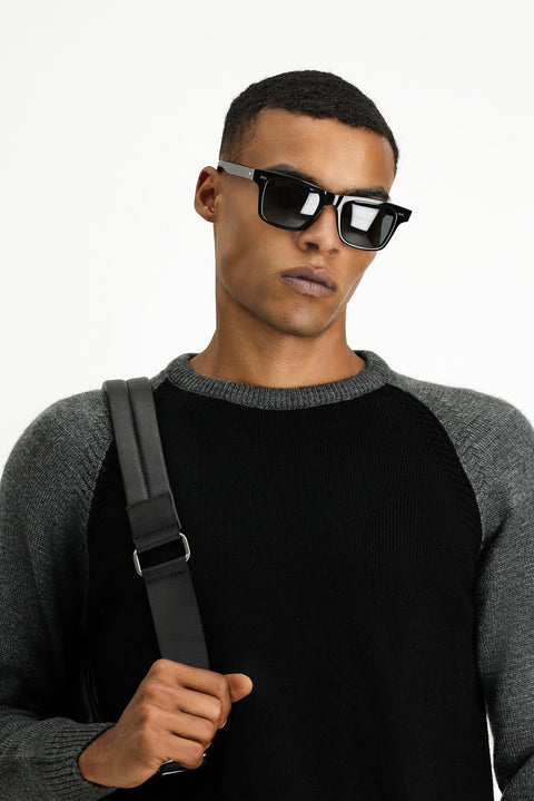 Black Crew Neck Regular Fit Patterned Knit Sweater