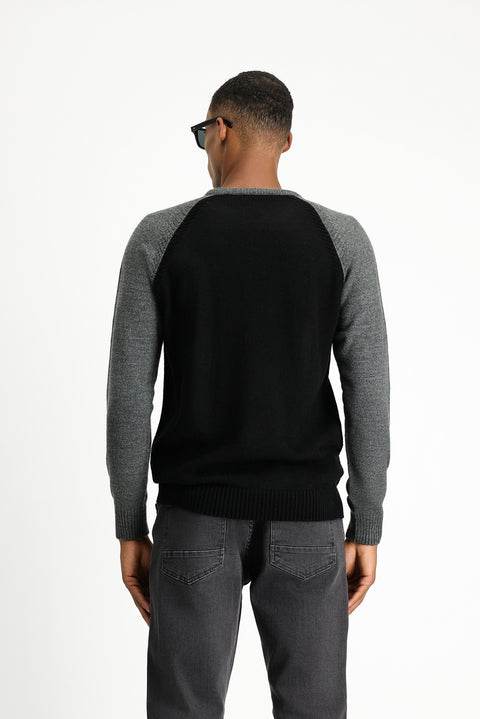 Black Crew Neck Regular Fit Patterned Knit Sweater