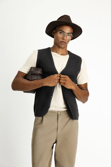 Koyu Antrasit Melanj V Yaka Desenli Pamuklu Triko Yelek