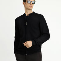 Siyah Slim Fit Dar Kesim Desenli Fermuarlı Pamuklu Triko Hırka