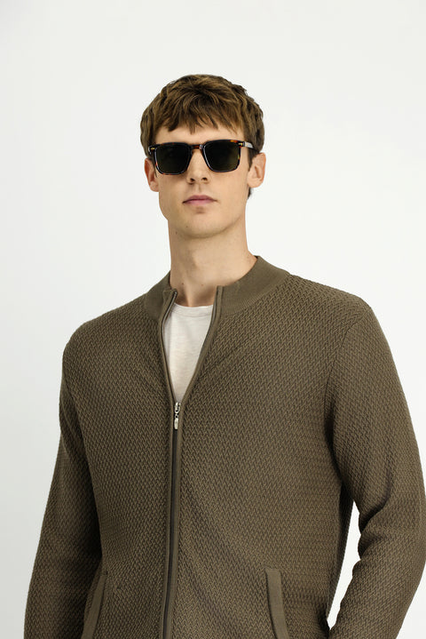 Medium Brown Slim Fit Narrow Cut Patterned Zippered Cotton Knit Cardigan