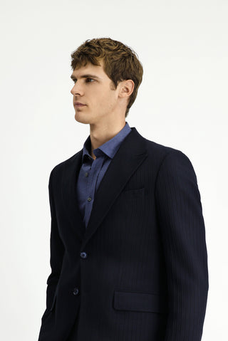 Koyu Lacivert 7 Drop Slim Fit Dar Kesim Klasik Çizgili Ceket
