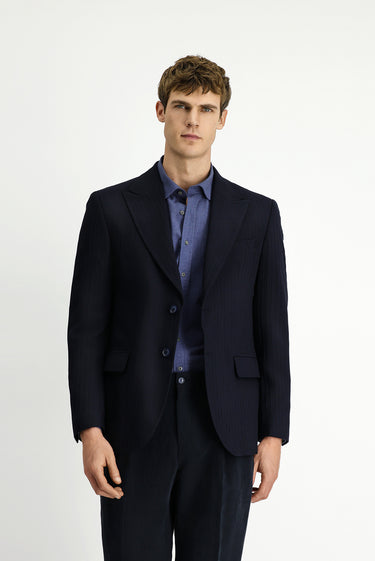 Koyu Lacivert Slim Fit Dar Kesim Klasik Çizgili Ceket