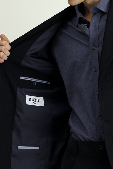 Koyu Lacivert Slim Fit Dar Kesim Klasik Çizgili Ceket