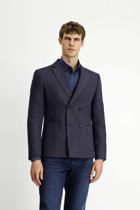 Orta Lacivert 6 Drop Regular Fit Standart Kesim Yünlü Desenli Kruvaze Ceket