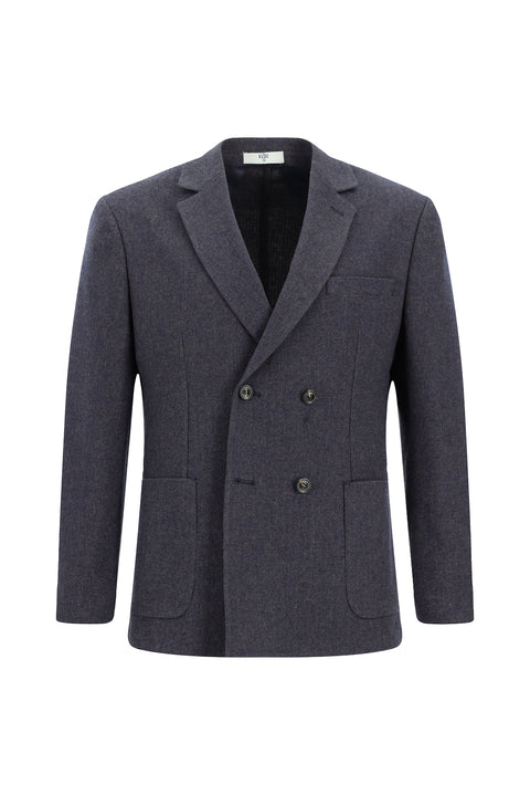 Orta Lacivert 6 Drop Regular Fit Standart Kesim Yünlü Desenli Kruvaze Ceket