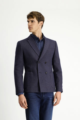 Orta Lacivert 6 Drop Regular Fit Standart Kesim Yünlü Desenli Kruvaze Ceket