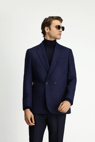 Koyu Lacivert 6 Drop Regular Fit Standart Kesim Desenli Yünlü Kruvaze Ceket