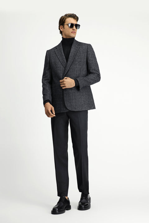 Koyu Antrasit 6 Drop Regular Fit Standart Kesim Desenli Yünlü Kruvaze Ceket