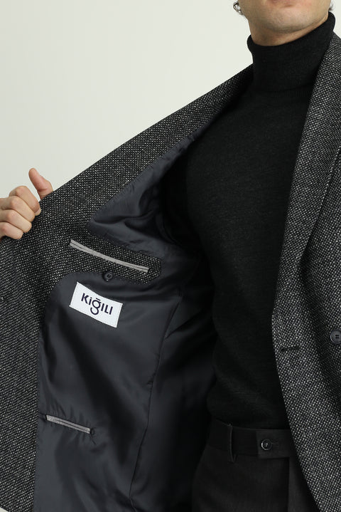 Koyu Antrasit 6 Drop Regular Fit Standart Kesim Desenli Yünlü Kruvaze Ceket