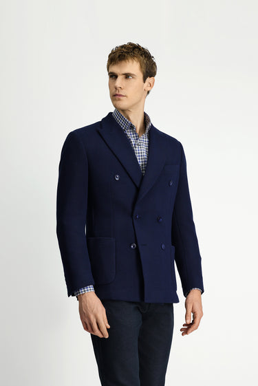 Koyu Lacivert Regular Fit Likralı Desenli Örme Kruvaze Ceket
