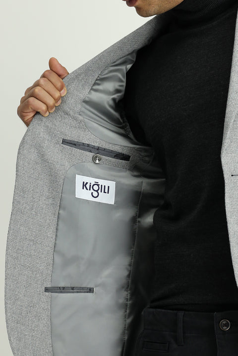 Orta Gri 7 Drop Slim Fit Dar Kesim Desenli Spor Yünlü Ceket