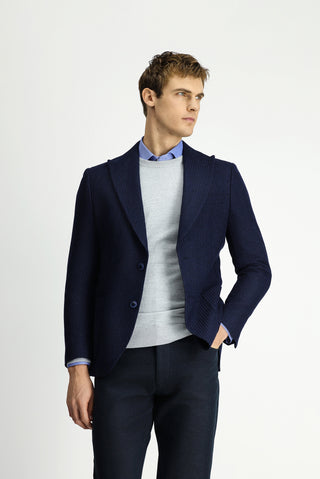 Koyu Lacivert 7 Drop Slim Fit Dar Kesim Mono Yaka Torba Cep Yarım Astar Desenli Spor Yünlü Ceket