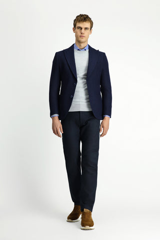 Koyu Lacivert 7 Drop Slim Fit Dar Kesim Mono Yaka Torba Cep Yarım Astar Desenli Spor Yünlü Ceket