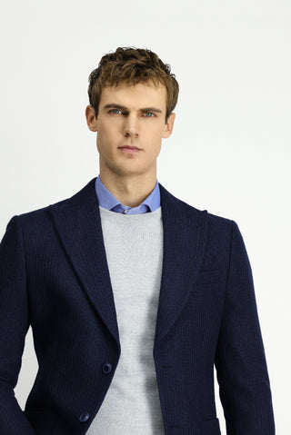 Koyu Lacivert 7 Drop Slim Fit Dar Kesim Mono Yaka Torba Cep Yarım Astar Desenli Spor Yünlü Ceket