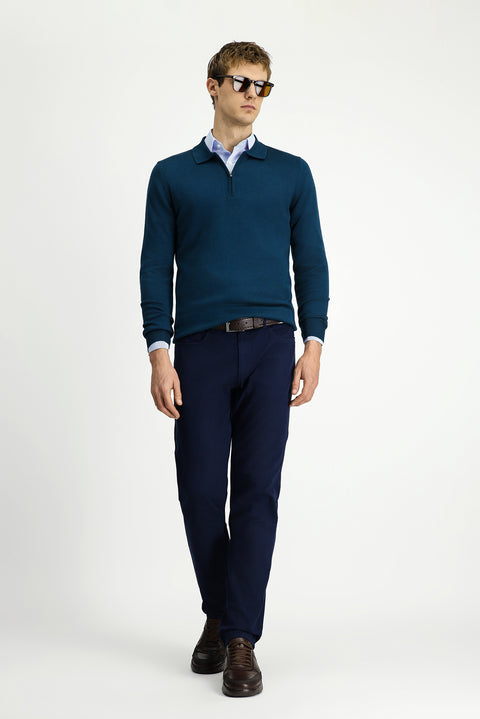 Orta Lacivert 7 Drop Slim Fit Dar Kesim Likralı Kanvas / Chino Pantolon
