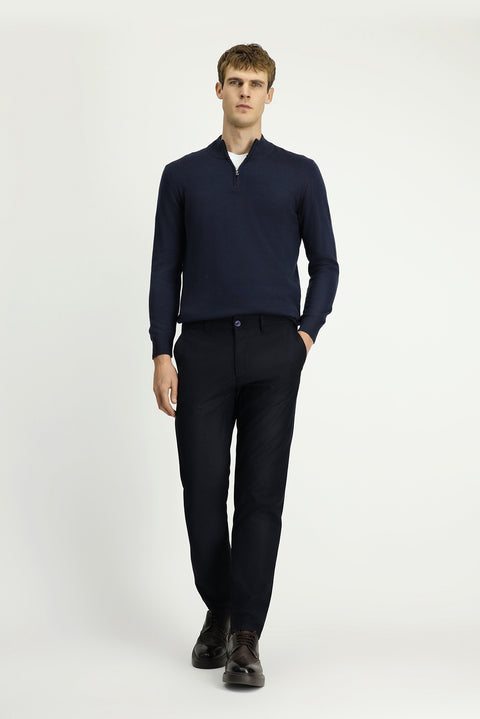 Mid Navy Regular Fit Standard Cut Lycra Canvas / Chino Trousers