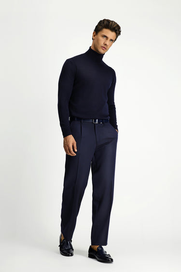 Koyu Lacivert Straight Relaxed Fit Likralı Beli Lastikli Pileli Kanvas / Chino Pantolon