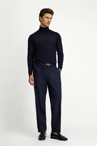 Koyu Lacivert Straight Relaxed Fit Likralı Beli Lastikli Pileli Kanvas / Chino Pantolon