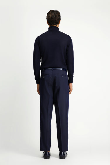 Koyu Lacivert Straight Relaxed Fit Likralı Beli Lastikli Pileli Kanvas / Chino Pantolon