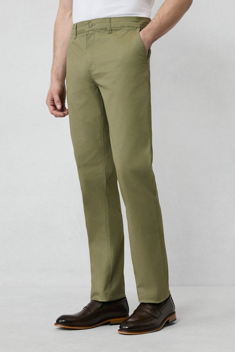 Khaki Regular Fit Standard Cut Flexible Side Pocket Canvas / Chino Trousers