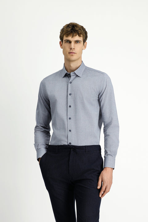 Light Navy Blue Long Sleeve Slim Fit Patterned Cotton Shirt