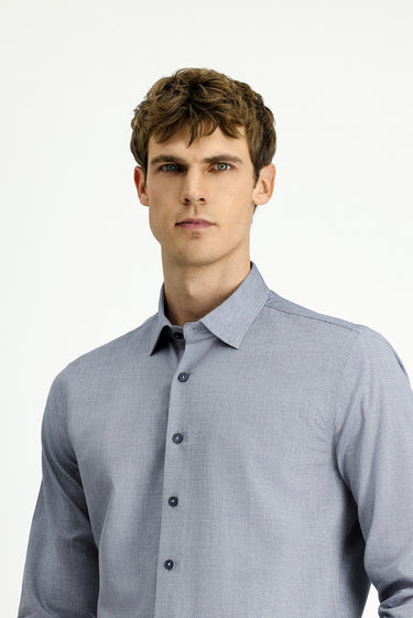 Açık Lacivert Uzun Kol Slim Fit Dar Kesim Desenli Pamuk Gömlek