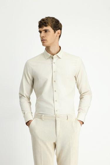 Kırık Beyaz Uzun Kol Slim Fit Dar Kesim Desenli Pamuk Gömlek