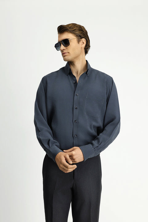 Medium Gray Long Sleeve Regular Fit Button-Down Collar Pocket Modal Blend Shirt