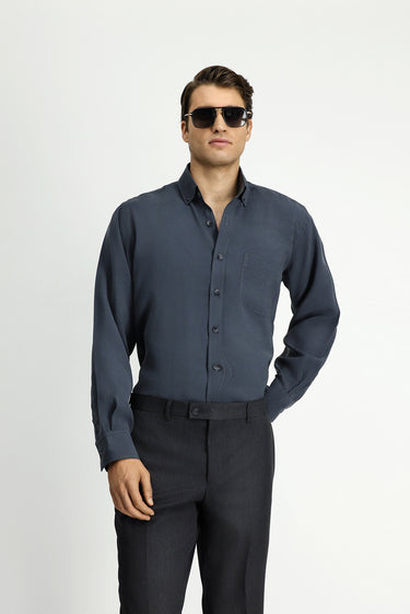 Orta Füme Uzun Kol Regular Fit Düğmeli Yaka Cepli Modal Karışımlı Gömlek