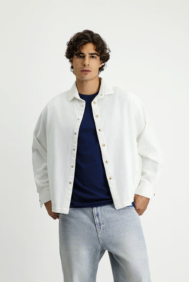 Beyaz Uzun Kol Oversize Ekstra Rahat Kesim Pamuk Spor Kadife Gömlek