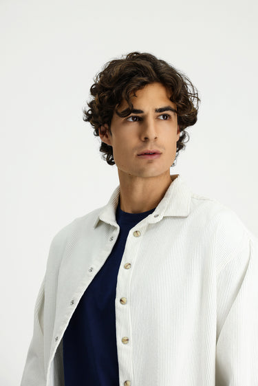 Beyaz Uzun Kol Oversize Ekstra Rahat Kesim Pamuk Spor Kadife Gömlek