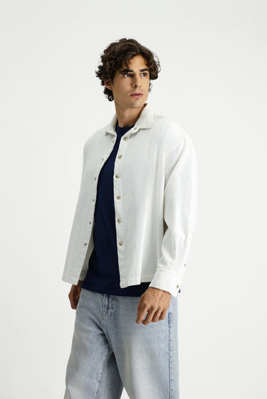 Beyaz Uzun Kol Oversize Ekstra Rahat Kesim Pamuk Spor Kadife Gömlek