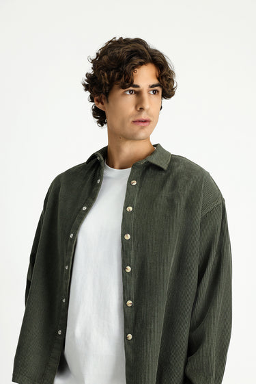 Orta Haki Uzun Kol Oversize Ekstra Rahat Kesim Pamuk Spor Kadife Gömlek