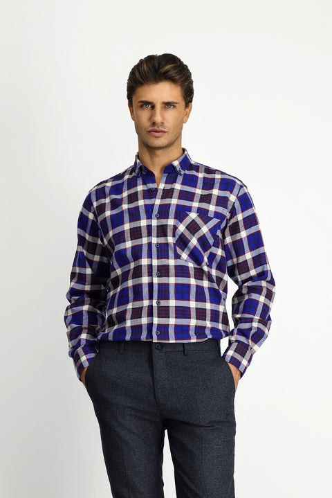 Dark Navy Long Sleeve Regular Fit Plaid Pocket Button-Down Collar Cotton Shirt