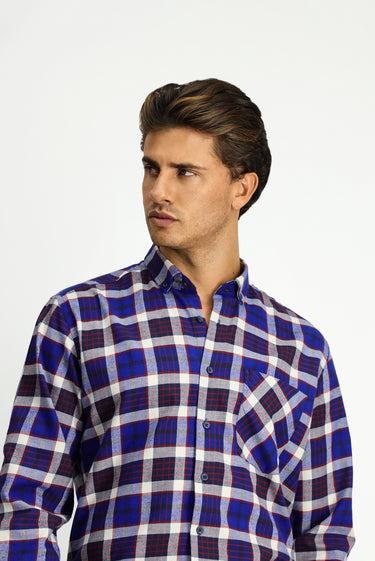 Koyu Lacivert Uzun Kol Regular Fit Ekose Cepli Düğmeli Yaka Pamuk Gömlek