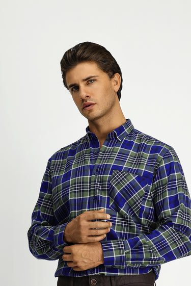 Koyu Yeşil Uzun Kol Regular Fit Ekose Cepli Düğmeli Yaka Pamuk Gömlek