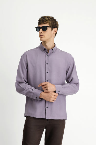 Lila Uzun Kol Oversize Ekstra Rahat Kesim Düğmeli Yaka Lyocell Karışımlı Gömlek