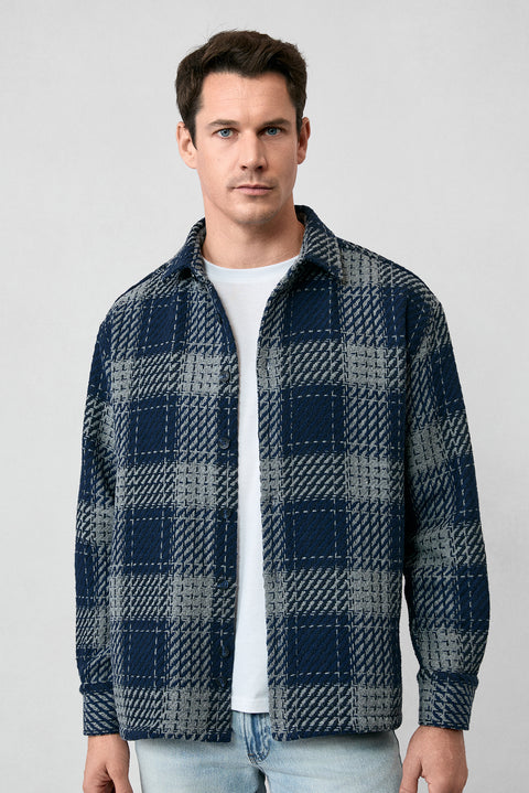 Medium Navy Long Sleeve Oversize Extra Relaxed Fit Sport Cotton Plaid Shacket Lumberjack Shirt/Jacket