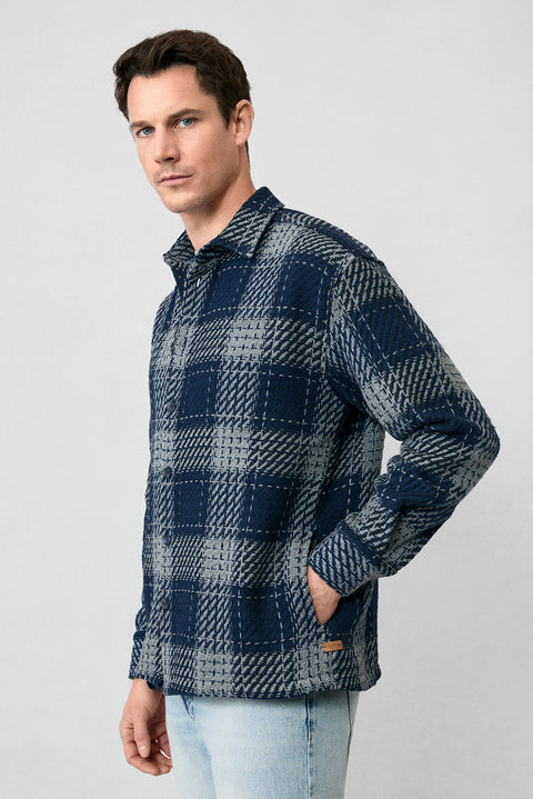 Medium Navy Long Sleeve Oversize Extra Relaxed Fit Sport Cotton Plaid Shacket Lumberjack Shirt/Jacket