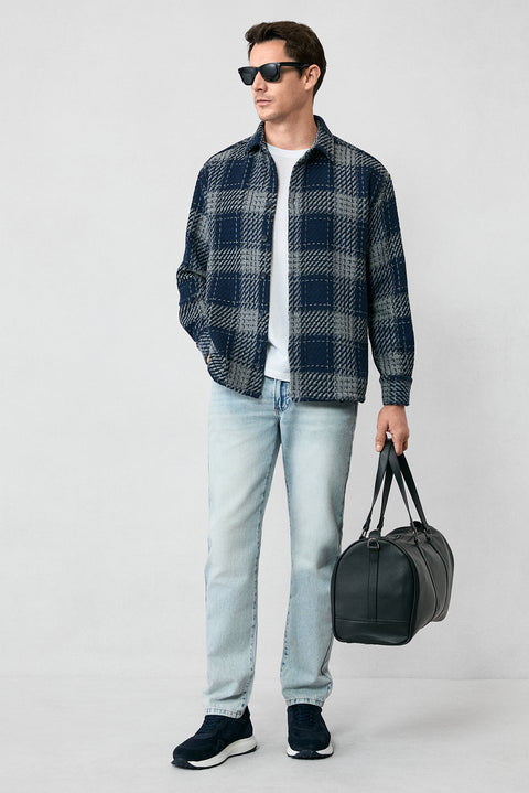 Medium Navy Long Sleeve Oversize Extra Relaxed Fit Sport Cotton Plaid Shacket Lumberjack Shirt/Jacket