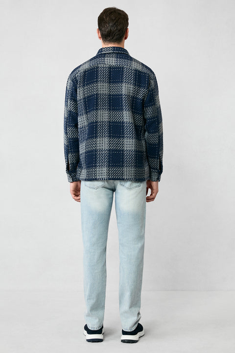 Medium Navy Long Sleeve Oversize Extra Relaxed Fit Sport Cotton Plaid Shacket Lumberjack Shirt/Jacket