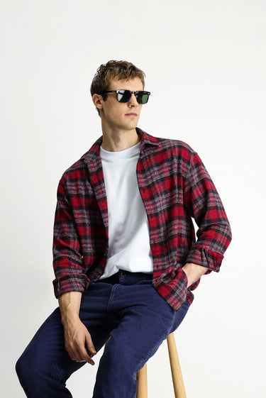 Bayrak Kırmızı Uzun Kol Oversize Ekstra Rahat Kesim Ekose Pamuk Shacket Oduncu Gömlek