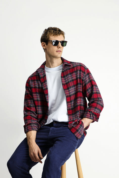 Flag Red Long Sleeve Oversize Extra Relaxed Fit Plaid Cotton Shacket Lumberjack Shirt