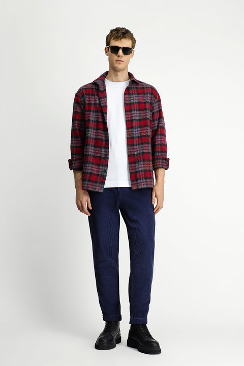 Flag Red Long Sleeve Oversize Extra Relaxed Fit Plaid Cotton Shacket Lumberjack Shirt